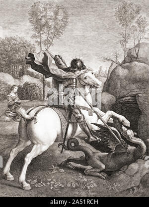 St. Georg und der Drache. St. Georg tötet den Drachen mit seinem Speer, die Tochter des Königs, der den Drachen geopfert zu werden. Stockfoto
