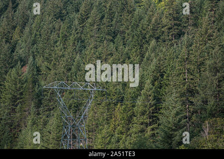 Hochspannungsleitungen gegen eine bewaldete Hügel gegenüber. Stockfoto