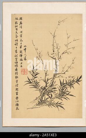 Pflaume Blüten und Bambus, 1818. Der Nanga, oder "südlichen Schule "Maler des 17. und 18. Jahrhunderts Japan waren stark von der chinesischen Kultur beeinflusst. Die Themen und Stile in ihrer Arbeit spiegelt sich die zeitgenössische japanische Geschmack für die aus China eingeführten Gegenstände und Lernen. Eine gängige Praxis bei den Nanga Maler war der Austausch von kleinen Malereien und Kalligraphien. Sie feierten auch spezielle Veranstaltungen für Künstler - Freunde durch die einzelnen Blätter, die dann zusammen in Alben versammelt hatten. Die hier gezeigten Blätter waren Teil einer solchen Versammlung. Stockfoto