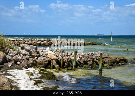 Rock Stege auf Anna Maria Island Strand zu Strand Erosion von steigenden Gezeiten minimieren Stockfoto