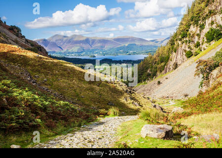 Blick über den Derwent Water und Skiddaw von Borrowdale im Nationalpark Lake District, Cumbria. Stockfoto