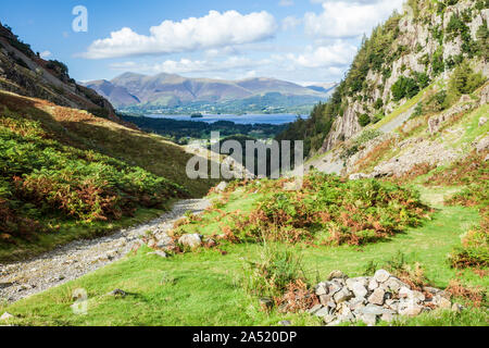 Blick über den Derwent Water und Skiddaw von Borrowdale im Nationalpark Lake District, Cumbria. Stockfoto