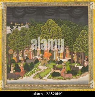 Radha und Krishna treffen im Wald während eines Sturms, C. 1770. Dieses Gemälde zeigt die hinduistischen Gottheit Krishna als Jugend unter den Dorfbewohnern Der cowherding Gemeinschaft, wo er aufwuchs. Zu Ihm hingezogen, die Frauen schnell eine Bettdecke über ihn in Schutz vor dem Regen zu halten, nicht zu realisieren, dass er in der Lage ist, einen Berg zu heben, um sie alle zu schützen. Vögel und Affen die Bäume laden und einen hinduistischen Tempel und Palast Bauten stehen im Hintergrund. Diese lebendige Arbeit war vermutlich für eine aristokratische hinduistischen Herrscher der Gebiete im östlichen Indien während der Periode, in der Mughal Künstler aus den verstreuten gemacht Stockfoto