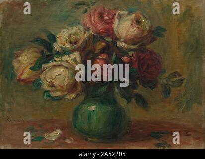 Rosen in einer Vase, C. 1890. Die Palette Renoir verwendet die sieben Rosen in diesem noch Leben reicht von verschiedenen Schattierungen von rot und warm weiß, Licht Gelb darzustellen, und Rosa. Erklärt der Künstler, "Malerei Blumen mein Gehirn Ruhe ermöglicht. Es ist nicht die gleiche Spannung des Geistes verursachen, wie wenn ich ein Modell Gesicht. Wenn ich male Blumen, schreibe ich Töne, ich kühn Werte versuchen, ohne sich zu verlieren, eine Leinwand zu sorgen." Er besonders liebte Rosen, deren volle, runde Formen er verglichen mit dem weiblichen Körper. 1861, Renoir met Claude Monet (1840-1926) und später ein Studio mit ihm. Monet. Stockfoto