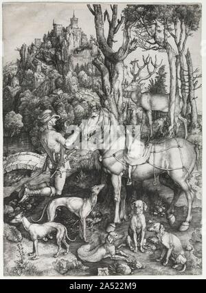 Saint Eustace, C. 1501. Saint Eustace, der größten D&#xfc;rer-Gravuren, spiegelt seine intensive und wissenschaftliche Interesse an der Darstellung der Natur, so dass die Fülle der Details fast verdeckt. Während der Jagd, Saint Eustace, dann ein römischer General namens Placidas, sah eine wundersame Erscheinung des Kreuzes zwischen die Hörner eines Hirsches. Als er hörte die Stimme Gottes durch das Tier - "O pursuest Placidas, warum Du mich?" - er vom Pferd fiel und wurde Christ gesprochen. Die Komplexität der Gravur, die die Linearität der Mittel zugunsten der Tonwerte bestreitet, Ca Stockfoto