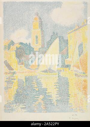 Saint-Tropez: Der Hafen, 1897-1898. Signac angepasst für die lithographische Verfahren den Stil Er und George Seurat (1859-1891) entwickelte in den 1880er Jahren für die Malerei: pointillismus. Brillant farbigen Punkte wurden gegenübergestellt zu produzieren eine vollständige optische Farbtonbereich leuchtender als von Pigmenten auf der Palette gemischt werden kann. Saint-Tropez, in sechs Farben (blau, blau-grau, rot, rosa, gelb und grün) gedruckt, zeigt, dass die Lithographie war das perfekte Fahrzeug für die Umsetzung dieser Künstler wissenschaftlichen Vorstellungen über Farbe. Stockfoto