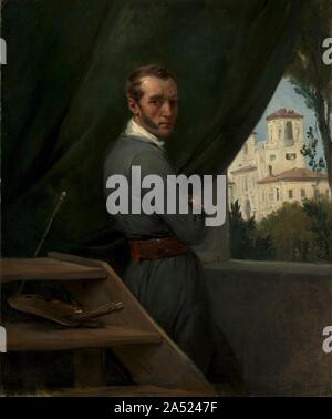 Self-Portrait in Rome, 1832. Vernet stands before the Villa Medici, seat of the French Academy in Rome, where he was director from 1829 to 1835. The palette, brushes, and maulstick on the stepladder hint at his talent for painting large canvases. The artist's sideward glance, disheveled hair, and burning cigarette lend him a romantic aura. The recipient of numerous commissions for military paintings, Vernet was patronized by Jérôme Bonaparte (the youngest brother of Napoleon) and later taught at the École des Beaux-Arts. Stockfoto