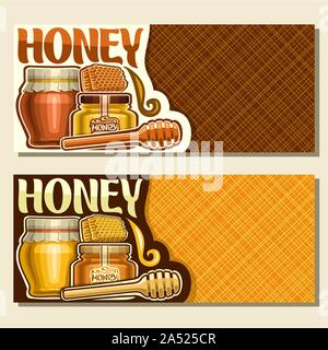 Vektor Banner für rustikale Honig mit Kopie Raum, Bienenwachs Honig, Holz Pendelarm stick, Glas und Topf Honig gedeckt Papier cap Garn gebunden, Layout Stock Vektor