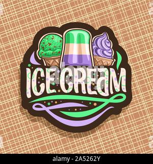Vektor Logo der italienischen Eis, dunkle Etikett mit Scoop ball Eisbecher in der Wafer Kappe, Obst gestreifte Popsicle auf Stick, weiche dienen Eis in der Waffel Kegel, Stock Vektor