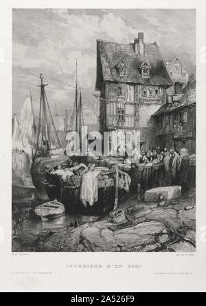 Sechs Marines: Innenraum eines Hafens, 1833. Die Lithographie schnell in Frankreich stark vermehrt, so dass von 1838 gab es einige 300 Lithografie Betriebe allein in Paris. Es wurde die populärste Drucktechnik, weil Lithographien in großen Ausgaben relativ kostengünstig und einfach gedruckt werden konnte. Die Technik eignet sich für Künstler, die in einer Vielzahl von Stilen; seine Vielseitigkeit ist für spontane, schnelle Ausführung verwendet werden. Hier Isabey die Fähigkeit der Lithographie diverse Töne zu erreichen ausgenutzt, von reichen schwarzen zu einem Grauton. Der blasse Papier war für Hervorhebungen verwendet. Die Stockfoto