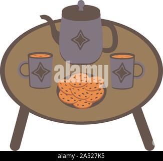 Eine Tabelle mit Tassen Tee oder Kaffee, einen Wasserkocher und einen Teller mit Haferflocken Cookies. Essen Abbildung auf weißem Hintergrund Cartoon Stock Vektor