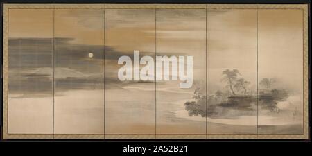 Sommer Nacht; Winter, 1784. Okyo lackiert diese Panoramen im Sommer 1784. Als wichtigste Malerei Lehrer von Kyoto und vollendeter Künstler angesehen, hatte er der westlichen Malerei Techniken untersucht, "realistische" skizzieren aus der Natur und traditionelle japanische Malerei (Yamato-e). Die naturalistische Qualität dieser Szenen ergibt sich aus einer Mischung von detaillierten Beobachtung der Natur und eine Fernbedienung, auch freistehende Hinweis für den Ort des Menschen in der Welt. Stockfoto