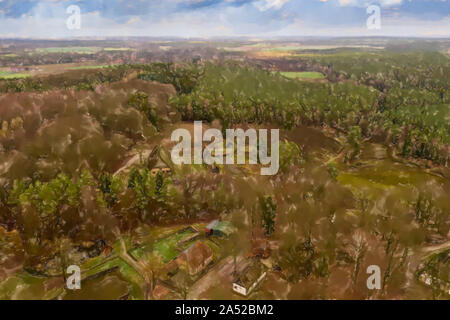 Übersicht aus einer Höhe von 80 Metern über die hösseringen Freilichtmuseum in der Lünebürger Heide in der Nähe von Suderburg Stockfoto