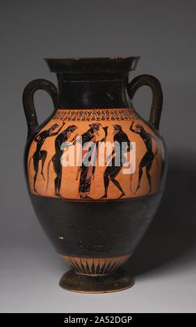 Die Bateman Amphora (Wein), C. 530-520 BC. Die Lysippides Maler arbeitete sowohl in Schwarz und Rot - Abbildung Terrakotta, manchmal auch mit Styles auf einer Vase. Vasen mit dieser einzigartigen Kombination sind zweisprachig. Er folgte dem prächtigen Stil Exekias, den größten von schwarz-Abbildung vase Maler. Obwohl der Stil des Lysippides Maler etwas konservativer ist als die des Exekias, behält es noch eine Eleganz und Feinheit von dem großen Meister inspiriert. Seite A: Krieger in den Kampf; Seite B: Dionysos und Satyrn Stockfoto