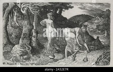 Der Bach, 1829. Calvert war so beeinflusst durch William Blake's Holzstiche, die Herde seiner Weide direkt basiert auf einer Abbildung für die PASTORALS von Virgil (in der Nähe). Calvert, aber auch mehr als Blake, die Fähigkeit der Holzstich die heikelsten Detail zu erreichen ausgenutzt, so erstaunlich, in diese Miniaturen. Die calvert Gegenstand aus einer Vision des goldenen Zeitalters der pastoralen Unschuld und Fülle, die sowohl Christliche und klassische Obertöne entstanden. Die Frauen in den Bach ähneln Zahlen auf antike Edelsteine geschnitzt, und die baumstümpfe symbolisieren die Tran Stockfoto