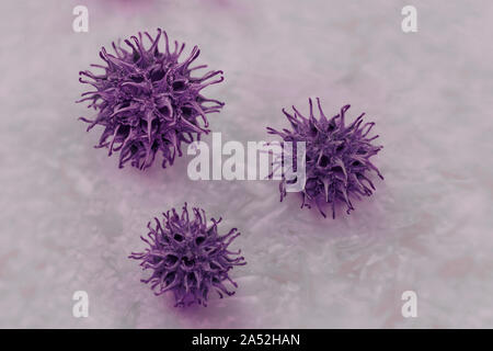 3D-Illustration virale Infektion verursacht chronische Krankheit. Hepatitis Viren, Influenza Virus H1N1, Vogelgrippe, Zelle Organismus infizieren, Aids. Virus Zusammenfassung zurück Stockfoto