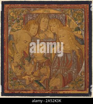 Die mystischen Trauben, C. 1500. Im späten Mittelalter, intensive mystische Leidenschaft in Europa weitgehend konzentriert sich auf das Blut und die Passion Christi. In dieser außergewöhnlich schönen Tapeten, das Christkind, flankiert von Maria und Josef, drückt die Trauben in einem Kelch, symbolisiert das blutvergießen Christi &#x2019;s Blut für die Erlösung der Menschheit. Hinter drei Engel sind das Lesen von ein offenes Buch. Kleine Wandteppiche wie diese wurden für die persönliche Andacht verwendet. Stockfoto