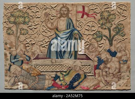 Die Auferstehung, von eine gestickte Altar frontal:, 1375-1400. Diese Szene von der Auferstehung, zusammen mit 11 weiteren Stickereien des Lebens Christi, müssen eine spektakuläre Altar frontal, wenn der ursprüngliche teuer Gold thread der Hintergrund gebildet haben. Entfernt und wahrscheinlich Eingeschmolzen für den monetären Wert, Gold thread bezog sich auf den gepolsterten Reben, die Gips Dekoration, oder Gesso, in Gemälden verwendet angehoben ähnelte. Der Verlust macht eine selten gesehene Vorzeichnung in Sepia Tinte und Waschen von einem unbekannten Maler. Zusätzlich zu den Bits von Gold thread, was bedeutet Überleben, ist der Stockfoto