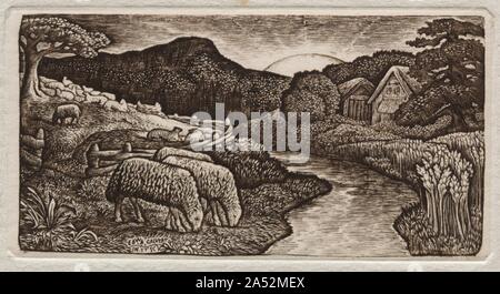 Die Herde seiner Weide, 1828. Calvert war so beeinflusst durch William Blake's Holzstiche, die Herde seiner Weide direkt basiert auf einer Abbildung für die PASTORALS von Virgil (in der Nähe). Calvert, aber auch mehr als Blake, die Fähigkeit der Holzstich die heikelsten Detail zu erreichen ausgenutzt, so erstaunlich, in diese Miniaturen. Die calvert Gegenstand aus einer Vision des goldenen Zeitalters der pastoralen Unschuld und Fülle, die sowohl Christliche und klassische Obertöne entstanden. Die Frauen in den Bach ähneln Zahlen auf antike Edelsteine geschnitzt, und die baumstümpfe Sym Stockfoto