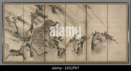 Tiger, 1500. Dieser Bildschirm mit einem Tiger und seine Paar mit einem Drachen zusammen stellen die Elemente Wasser und Wind in der chinesischen Kosmologie: Der Drache &#x2019;s wirbelnden Form zaubert Regen Wolken, und der Tiger verkörpert den Wind &#x2019;s schrecklich, unberechenbaren Kraft. Ehemalige CMA Direktor Sherman Lee fand in Sesson &#x2019;s Gemälde Andeutungen eines sich entwickelnden im japanischen Stil deutlich vom Chinesischen Vorgängern. Hier, Parodie und Muster stehen im Vordergrund. Die gewaltige, beeindruckende Tiger nimmt auf das Verhalten eines neugierig Hauskatze, und einmal - wütender Drache &#x2019;s Gesicht morphs in eine ungerade Stockfoto