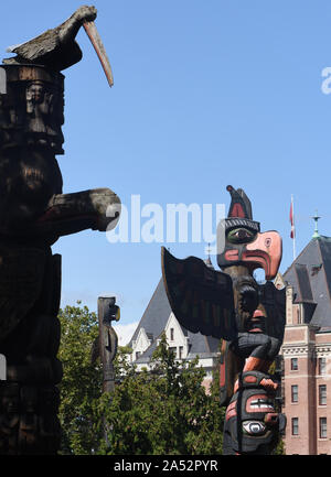 Detail eines Totempostens im Thunderbird Park. , Victoria, British Columbia, Kanada. Stockfoto