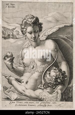 Venus und Amor, C. 1595. Goltzius popularisierte eine Art der Gravur in der hypnotisierende Muster der geschwungenen, spitz zulaufend und kreuz und quer durch Linien; es war besonders in den späten 1500s geschätzt. Konzipiert für seinen Schüler Saenredam zu gravieren, diese Drucke zeigen die drei Göttinnen aus der Geschichte von dem Urteil des Paris, in denen jeder den goldenen Apfel zu den Schönsten ausgezeichnet behauptet. Jupiter latente Urteil nach Paris, ein Sterblicher geschätzt für seine faire Offenheit. Juno und Athena versuchte Paris mit einem Empire und Fähigkeit im Krieg zu bestechen, aber Venus machte ihm ein Angebot, das er nicht widerstehen konnte: Helen, Th Stockfoto