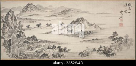 Blick auf West Lake, 1700. West Lake in der Nähe von Hangzhou, China, war ein Ort, die von der koreanischen und japanischen Elite begünstigt, obwohl Sie es nie. West Lake ist legendär für berühmte chinesische Dichter: Tang dichter Bai Juyi (772-846) und Song gelehrter Su Shi (1037-1101) in der Nähe lebte, und die Song dichter Lin Bu (967-1028) führte ein abgeschiedenes Leben, in Kranen und Pflaume Blüten als seine einzige Begleiter auf einsamen Hügel in der Nähe des Sees. Landschaft Gemälde von West Lake gewonnen in der Popularität in Japan bereits in der Muromachi Periode. In der Edo-Zeit, Ike Taiga, ein Gründung literati painter, herausgefordert Stockfoto