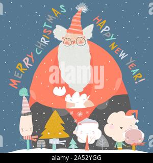 Lustiger Weihnachtsmann mit Winter Bäume. Frohe Weihnachten Stock Vektor
