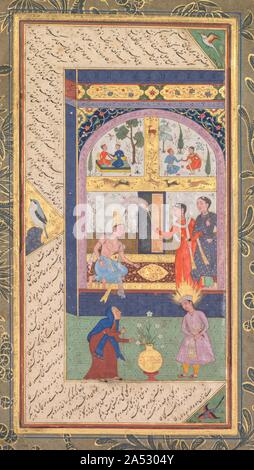 Zulaykha in ihrem Palast und als eine alte Frau mit Joseph, von einem panj Ganj (fünf Schätze) von Abd al-Rahman Jami (Persisch, 1414-1492), 1603-1607. Diese Seite zeigt zwei Episoden aus der Geschichte von Josef und Zulaykha. In der ersten, Zulaykha erwartet Joseph in das Haus hat sie für Sie aufgebaut. Sie hat die Wände mit romantischen Szenen Bemalt und verkleidet sich verführerisch mit der Absicht, ihn verführt. Der Künstler hat dezent seinen Namen und das Bild eingefügt &#x2019;s Datum in einem Backstein des Hauses in der oberen linken Ecke. Die tugendhafte Joseph, mit flammenden Heiligenschein und ewig jugendliche Funktionen, re Stockfoto