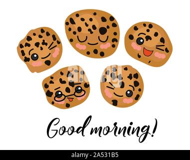 Guten Morgen. Morgen Postkarte. Haferflocken mit Rosinen Cookies, Tee und Schokolade. Niedlichen Figuren. Stock Vektor
