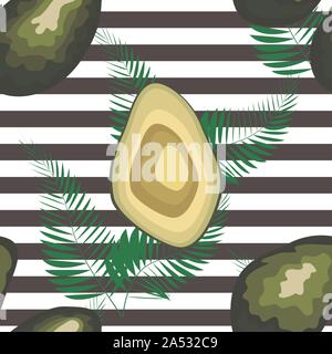 Nahtlose Muster mit Tiger stripes und tropische Früchte und Blätter. Muster mit Avocado. Stock Vektor