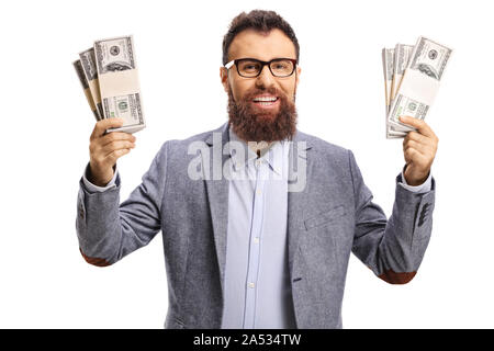 Happy bärtigen Mann mit Geld auf weißem Hintergrund Stockfoto