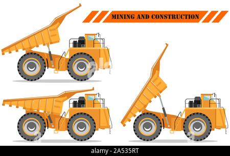 Off-highway-Lkw mit verschiedenen Körper Position. Schwere Bergbau Maschinen und Baumaschinen. Vector Illustration. Stock Vektor