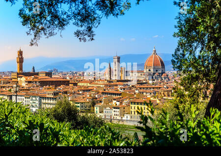 Florenz, Italien: Blick auf Altstadt mit ihren berühmten Sehenswürdigkeiten Dom Santa Maria del Fiore, Campanile und Palazzo Vecchio von Michela Stockfoto