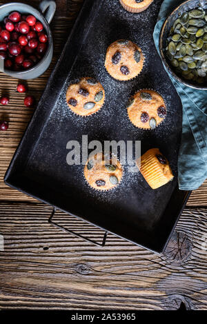 Hausgemachten süßen Kürbis Muffins mit getrockneten Cranberries und Samen, bestreut mit Puderzucker auf hölzernen Hintergrund Stockfoto