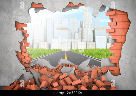 3D-Rendering für eine Verputzte Wand mit einem großen Loch, durch die eröffnet sich eine schöne Aussicht auf eine moderne Stadt mit hohen Gebäuden. Stockfoto