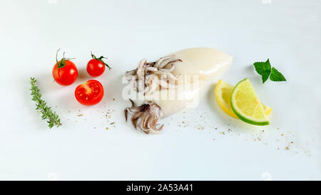 Frischer Tintenfisch mit Zitrone, Limone, Kräuter und Tomaten auf weißem Hintergrund Stockfoto