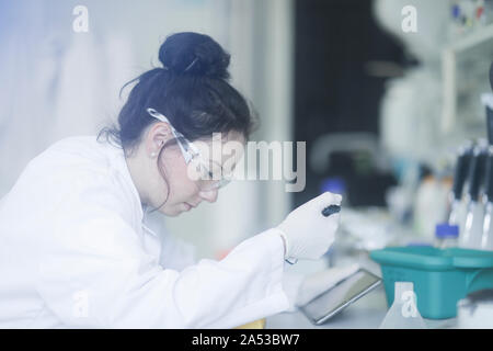 Junge Wissenschaftlerin Frau mit Tablet-PC in einem Labor Stockfoto
