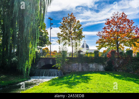 Blick auf Bach und Wasserfall in Englischer Garten München in Bayern im Herbst Stockfoto