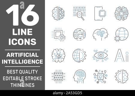 Künstliche Intelligenz, Vektor Zeile für Symbole gesetzt. Editierbare Schlaganfall. EPS 10. Stock Vektor