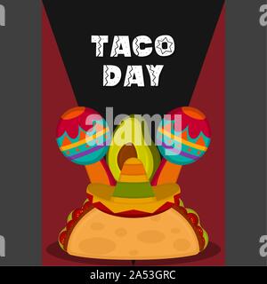 Taco Tag Plakat. Taco mit einer traditionellen mexikanischen Hut, Maracas und Avocado - Vector Illustration Stock Vektor