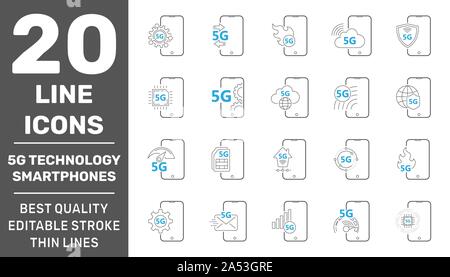 5G-Technologie in Smartphones. Minimalset von smartphone Zeile für Symbole. Editierbare Schlaganfall. EPS 10. Stock Vektor