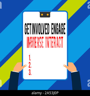 Wort schreiben Text Mitmachen engagieren Tauchen Sie interagieren. Business foto Präsentation melden Sie Verbinden Sie beteiligen sich an dem Projekt zwei Executive männliche Hände hol Stockfoto