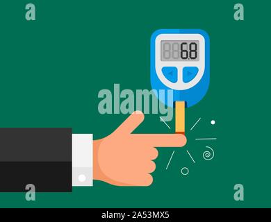 Blutzuckermessgerät zur Messung des Zuckertestkontrollgeräts. Elektronischer Monitor Glucometer mit diabetischer Patient Handfinger. Medizinische Vektor Diabetes Selbstkontrolle Illusrtation Stock Vektor