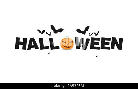 Happy Halloween Vector Illustration. Typografie mit Halloween Kürbis und Fledermäuse, Grußkarte Stock Vektor