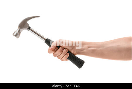 Nahaufnahme eines Menschen Hand Holding hammer, auf weißem Hintergrund Stockfoto