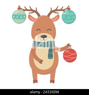 Rentier mit hängenden Kugeln Hörner Feier frohe Weihnachten Vector Illustration Stock Vektor