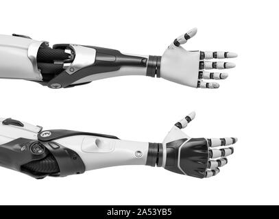 3D-Rendering von zwei roboterarmen mit Händen entspannt und offen für Handshake. Stockfoto