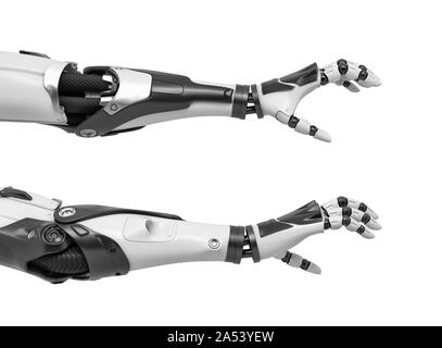 3D-Rendering von zwei roboterarmen mit Hand Finger in grabbing Motion auf weißem Hintergrund. Stockfoto