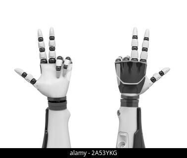 3D-Rendering von zwei roboterarmen mit allen Fingern heraus, außer dem Ring und der pinky Finger. Stockfoto